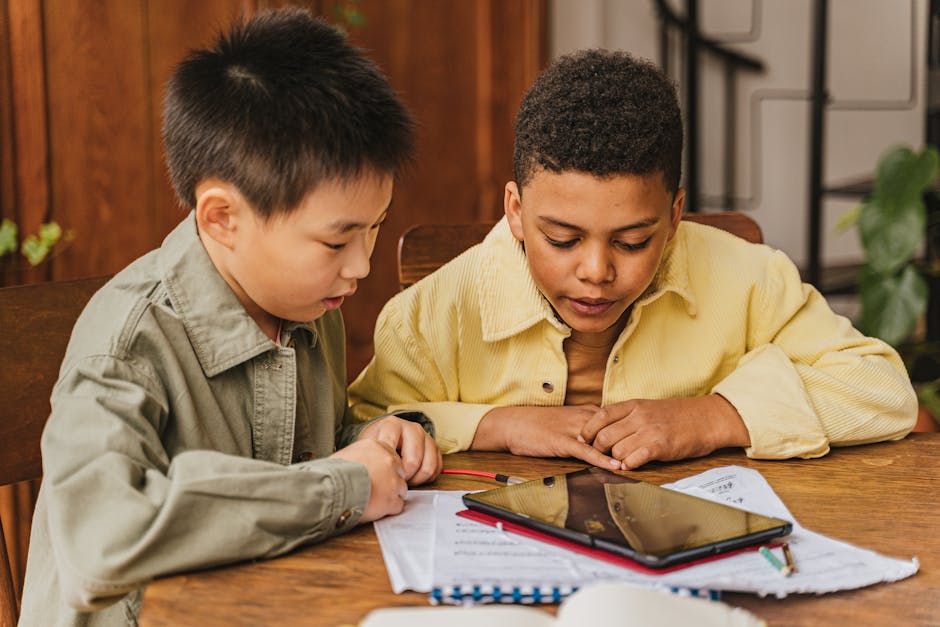 Two boys concentrating on a study session indoors with a tablet